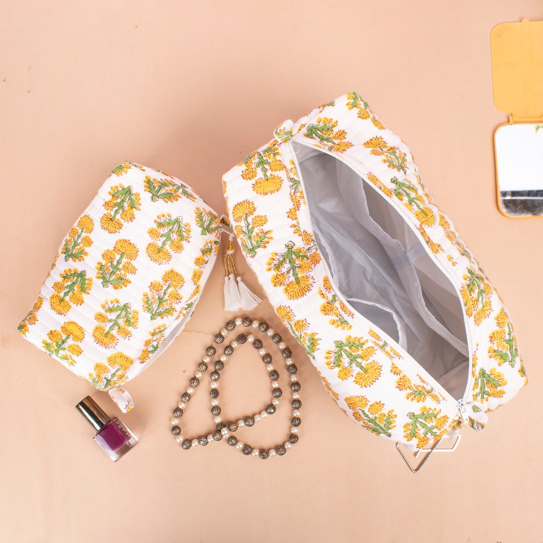 Set of 3 – Quilted Makeup Bag | Cotton Cosmetic Pouch &amp; Organizer