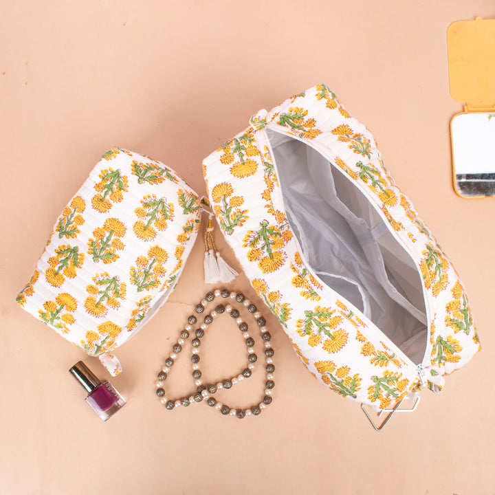Set of 3 – Quilted Makeup Bag | Cotton Cosmetic Pouch &amp; Organizer