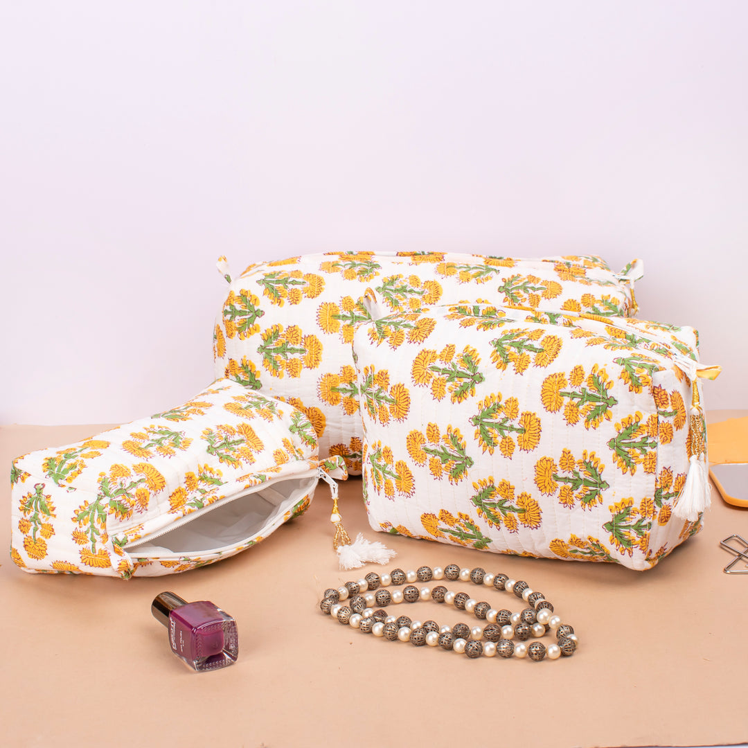 Set of 3 – Quilted Makeup Bag | Cotton Cosmetic Pouch &amp; Organizer