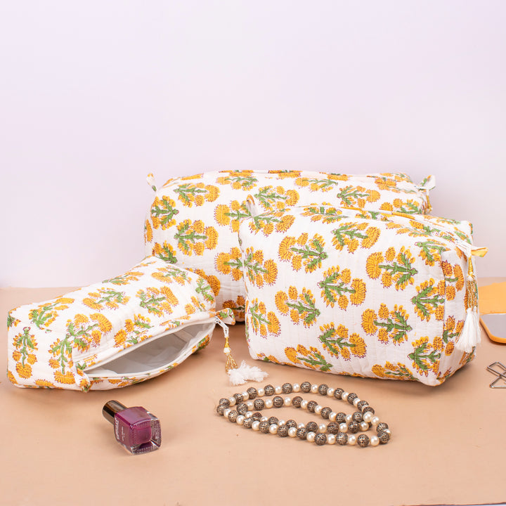 Set of 3 – Quilted Makeup Bag | Cotton Cosmetic Pouch &amp; Organizer