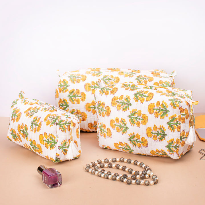 Set of 3 – Quilted Makeup Bag | Cotton Cosmetic Pouch &amp; Organizer