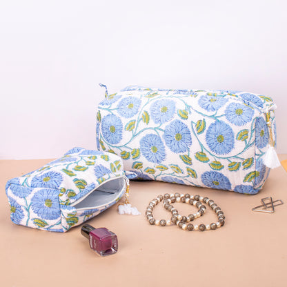 Bridesmaid Gift, Makeup Travel Bag, Handmade Cotton Toiletry Bag, Block Print Makeup Bag, Quilted Wash Bag - Set of 3