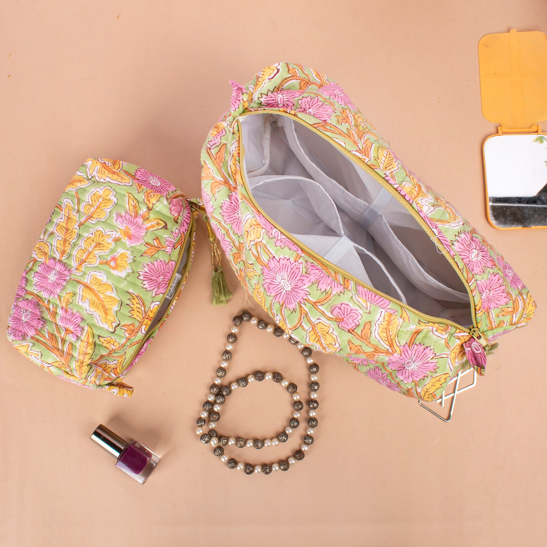 Set of 3 – Quilted Makeup Bag | Cotton Cosmetic Pouch &amp; Organizer