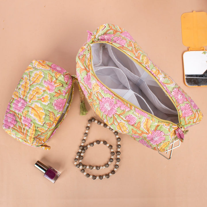 Set of 3 – Quilted Makeup Bag | Cotton Cosmetic Pouch &amp; Organizer