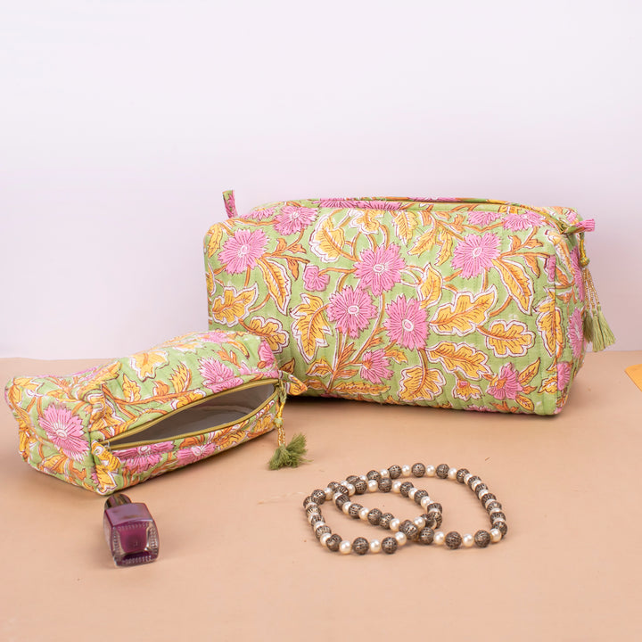 Set of 3 – Quilted Makeup Bag | Cotton Cosmetic Pouch &amp; Organizer