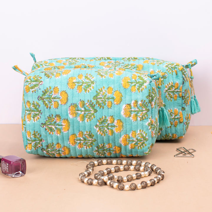 Set of 3 – Hand Block Makeup Bag | Cotton Cosmetic Pouch &amp; Organizer