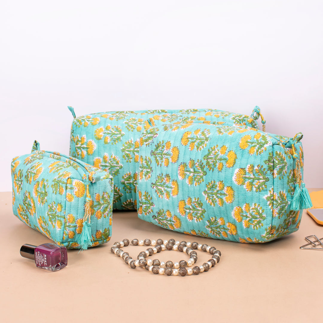 Set of 3 – Hand Block Makeup Bag | Cotton Cosmetic Pouch &amp; Organizer