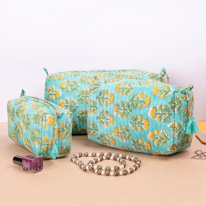 Set of 3 – Hand Block Makeup Bag | Cotton Cosmetic Pouch &amp; Organizer