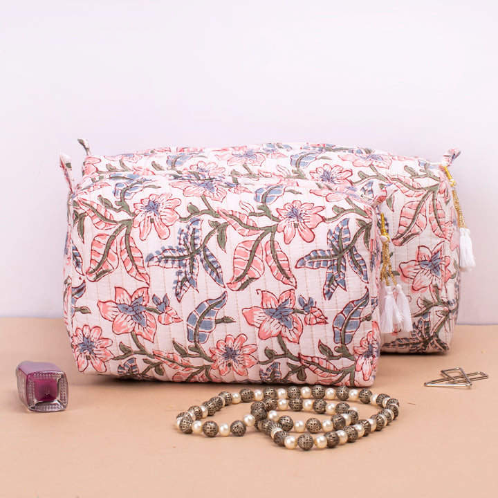 Set of 3 – Quilted Makeup Bag | Cotton Cosmetic Pouch &amp; Organizer