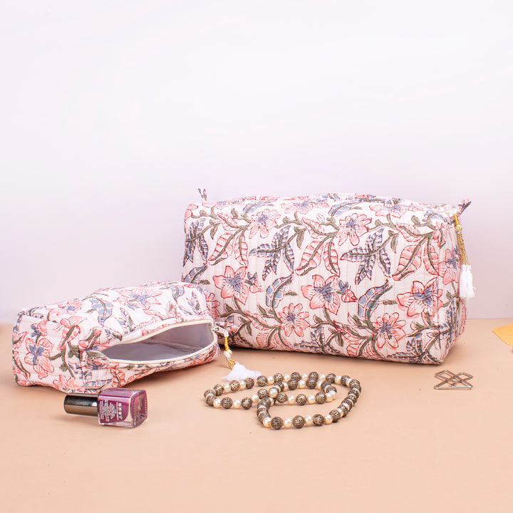 Set of 3 – Quilted Makeup Bag | Cotton Cosmetic Pouch &amp; Organizer