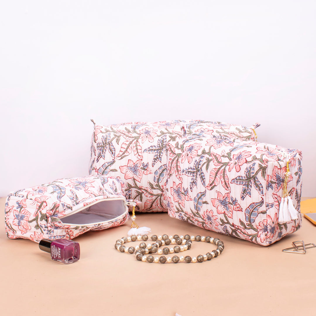 Set of 3 – Quilted Makeup Bag | Cotton Cosmetic Pouch &amp; Organizer