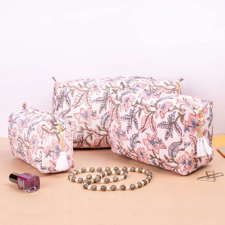 Set of 3 – Quilted Makeup Bag | Cotton Cosmetic Pouch &amp; Organizer