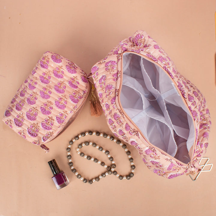 Set of 3 – Quilted Makeup Bag | Cotton Cosmetic Pouch &amp; Organizer
