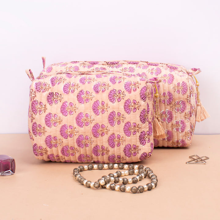 Set of 3 – Quilted Makeup Bag | Cotton Cosmetic Pouch &amp; Organizer