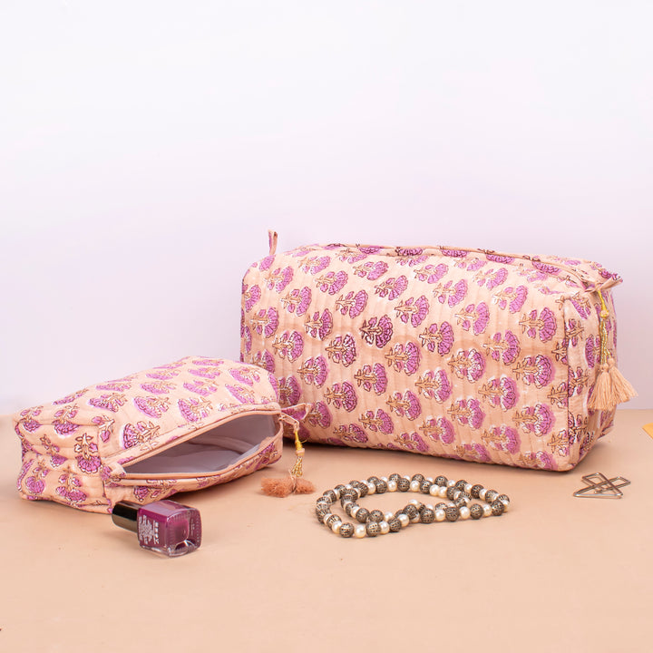Set of 3 – Quilted Makeup Bag | Cotton Cosmetic Pouch &amp; Organizer