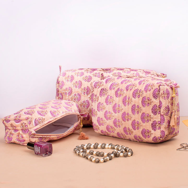 Set of 3 – Quilted Makeup Bag | Cotton Cosmetic Pouch &amp; Organizer