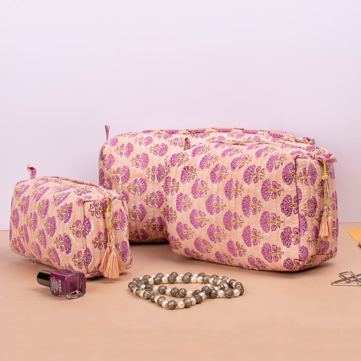 Set of 3 – Quilted Makeup Bag | Cotton Cosmetic Pouch &amp; Organizer