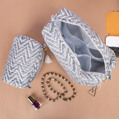 Makeup Bag With Compartments, Small Makeup Bag, Hand Block Print Wash Bag, Cotton Makeup Bag - Set of 3