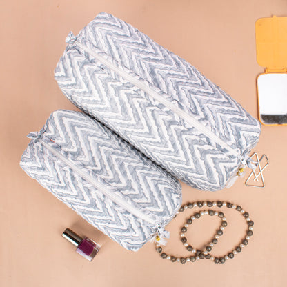 Makeup Bag With Compartments, Small Makeup Bag, Hand Block Print Wash Bag, Cotton Makeup Bag - Set of 3