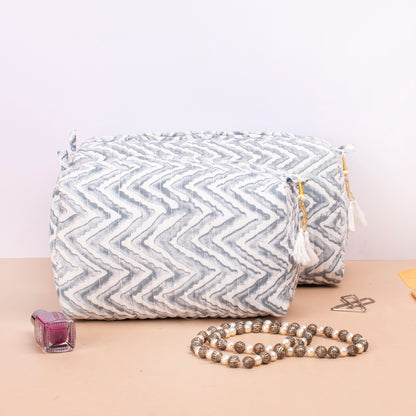 Makeup Bag With Compartments, Small Makeup Bag, Hand Block Print Wash Bag, Cotton Makeup Bag - Set of 3