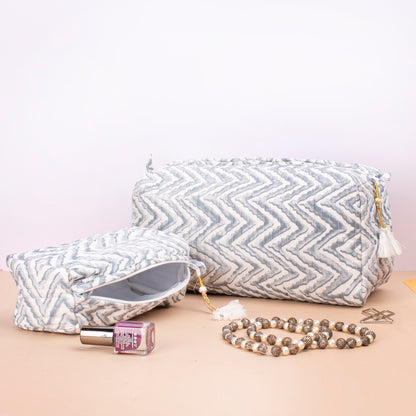 Makeup Bag With Compartments, Small Makeup Bag, Hand Block Print Wash Bag, Cotton Makeup Bag - Set of 3