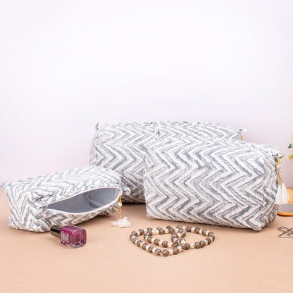 Makeup Bag With Compartments, Small Makeup Bag, Hand Block Print Wash Bag, Cotton Makeup Bag - Set of 3