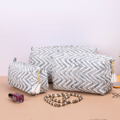 Makeup Bag With Compartments, Small Makeup Bag, Hand Block Print Wash Bag, Cotton Makeup Bag - Set of 3