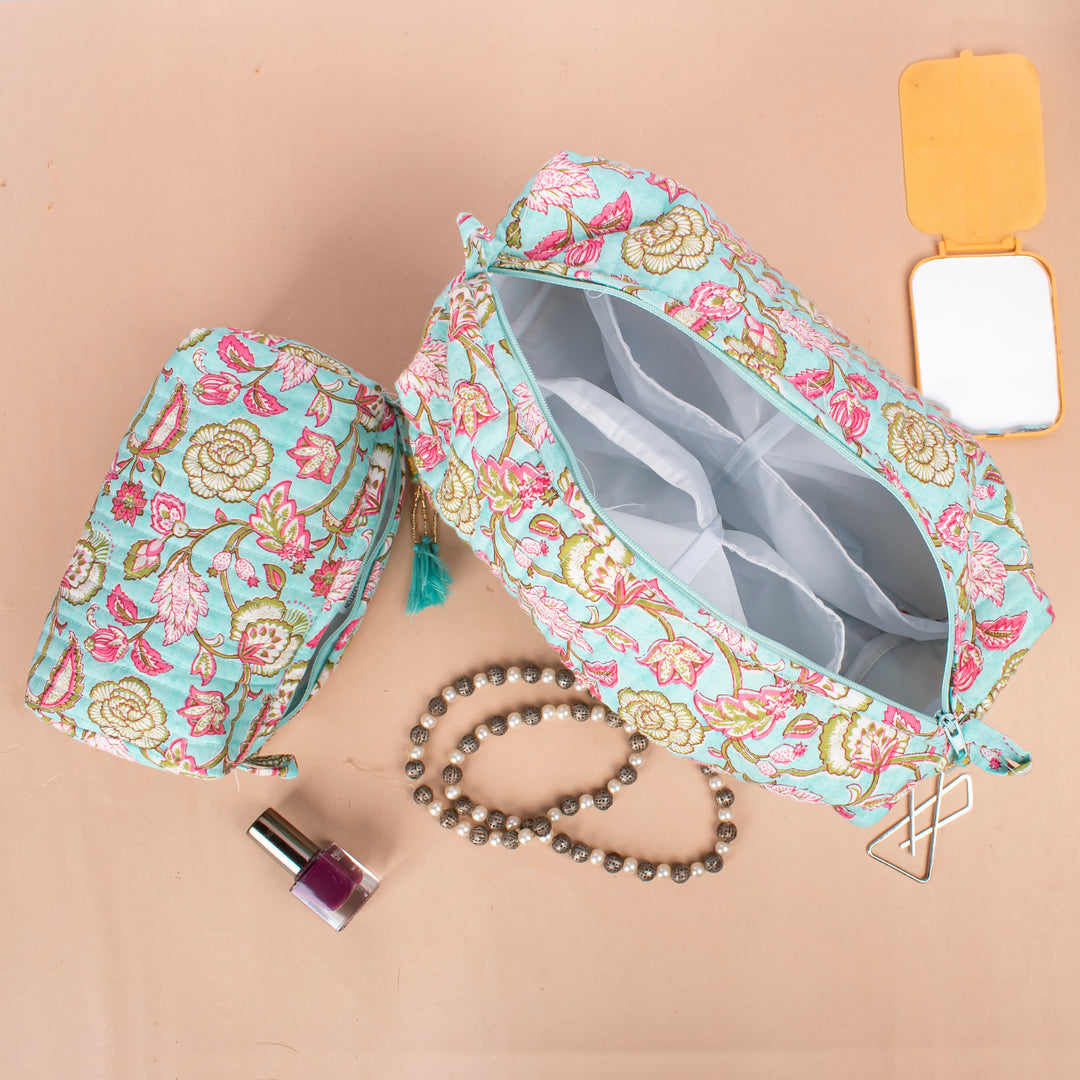 Set of 3 – Quilted Makeup Bag | Cotton Cosmetic Pouch &amp; Organizer