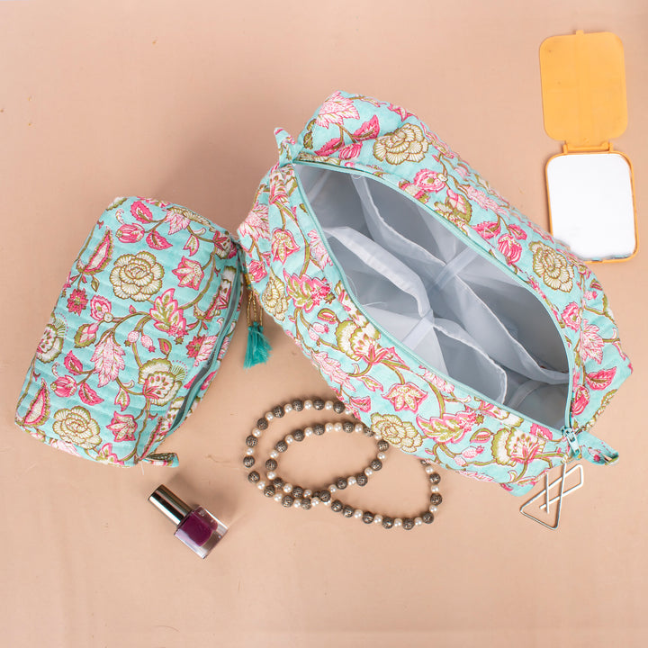 Set of 3 – Quilted Makeup Bag | Cotton Cosmetic Pouch &amp; Organizer