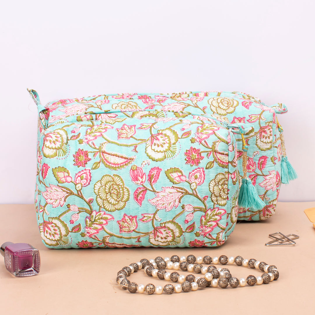 Set of 3 – Quilted Makeup Bag | Cotton Cosmetic Pouch &amp; Organizer
