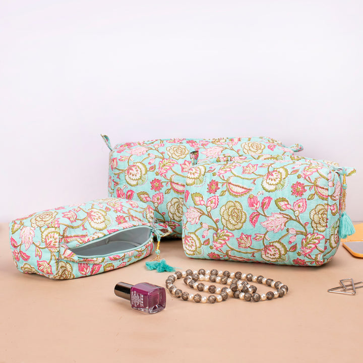 Set of 3 – Quilted Makeup Bag | Cotton Cosmetic Pouch &amp; Organizer