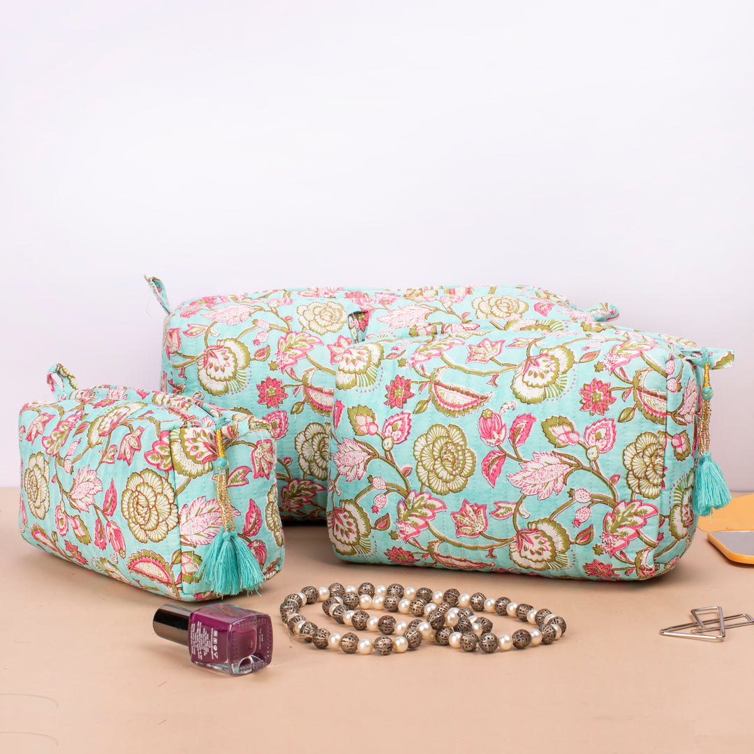 Set of 3 – Quilted Makeup Bag | Cotton Cosmetic Pouch &amp; Organizer