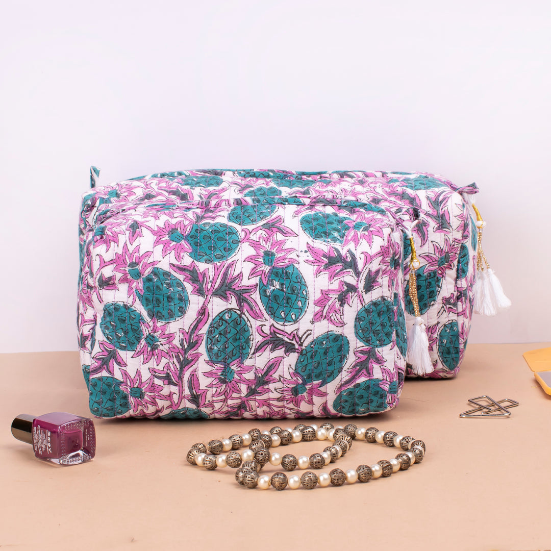 Set of 3 – Quilted Makeup Bag | Cotton Cosmetic Pouch &amp; Organizer