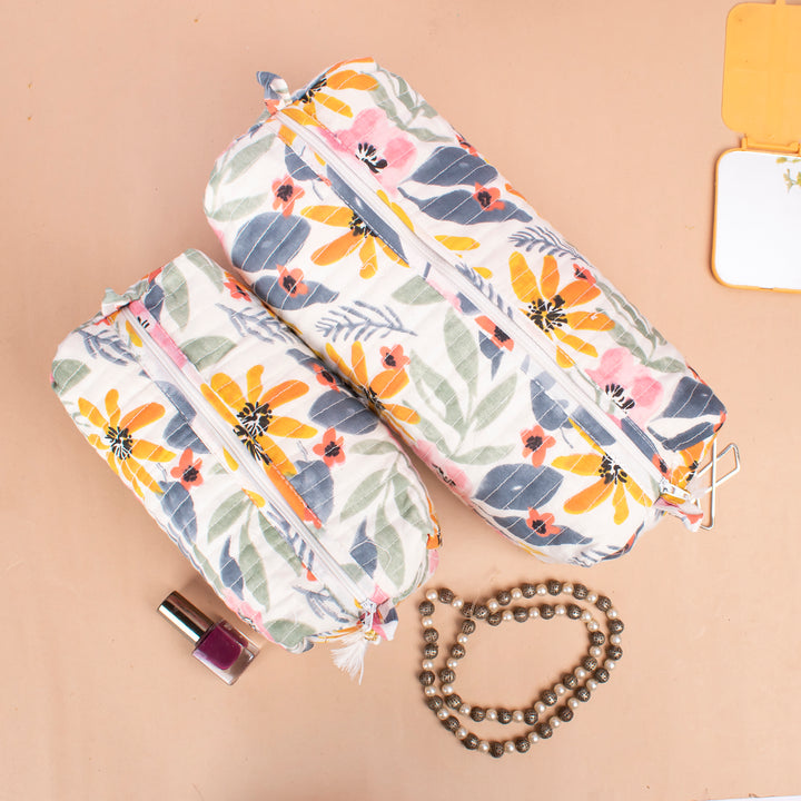Set of 3 – Quilted Makeup Bag | Cotton Cosmetic Pouch &amp; Organizer