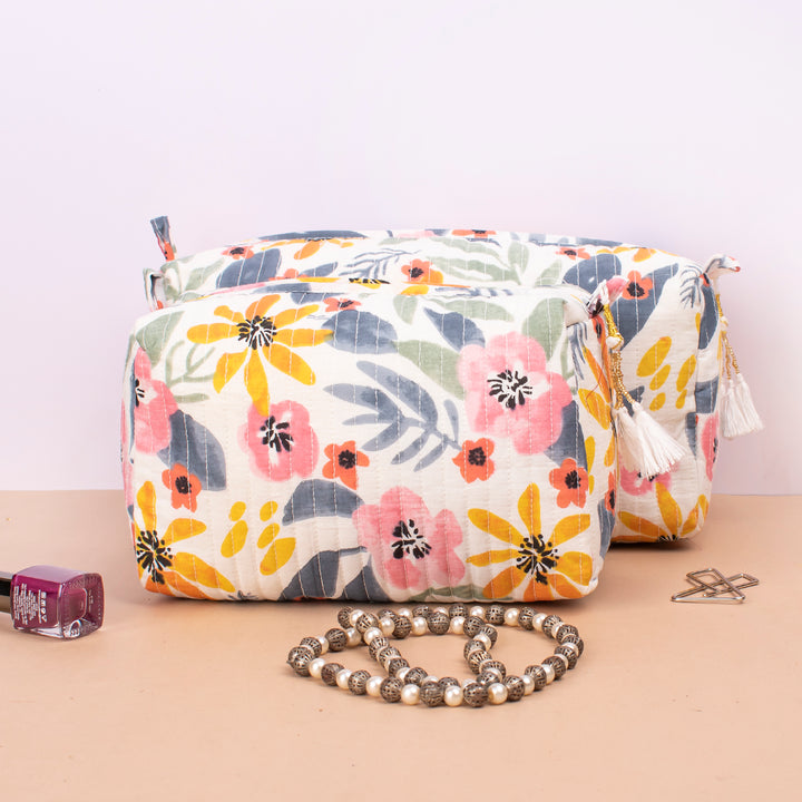 Set of 3 – Quilted Makeup Bag | Cotton Cosmetic Pouch &amp; Organizer