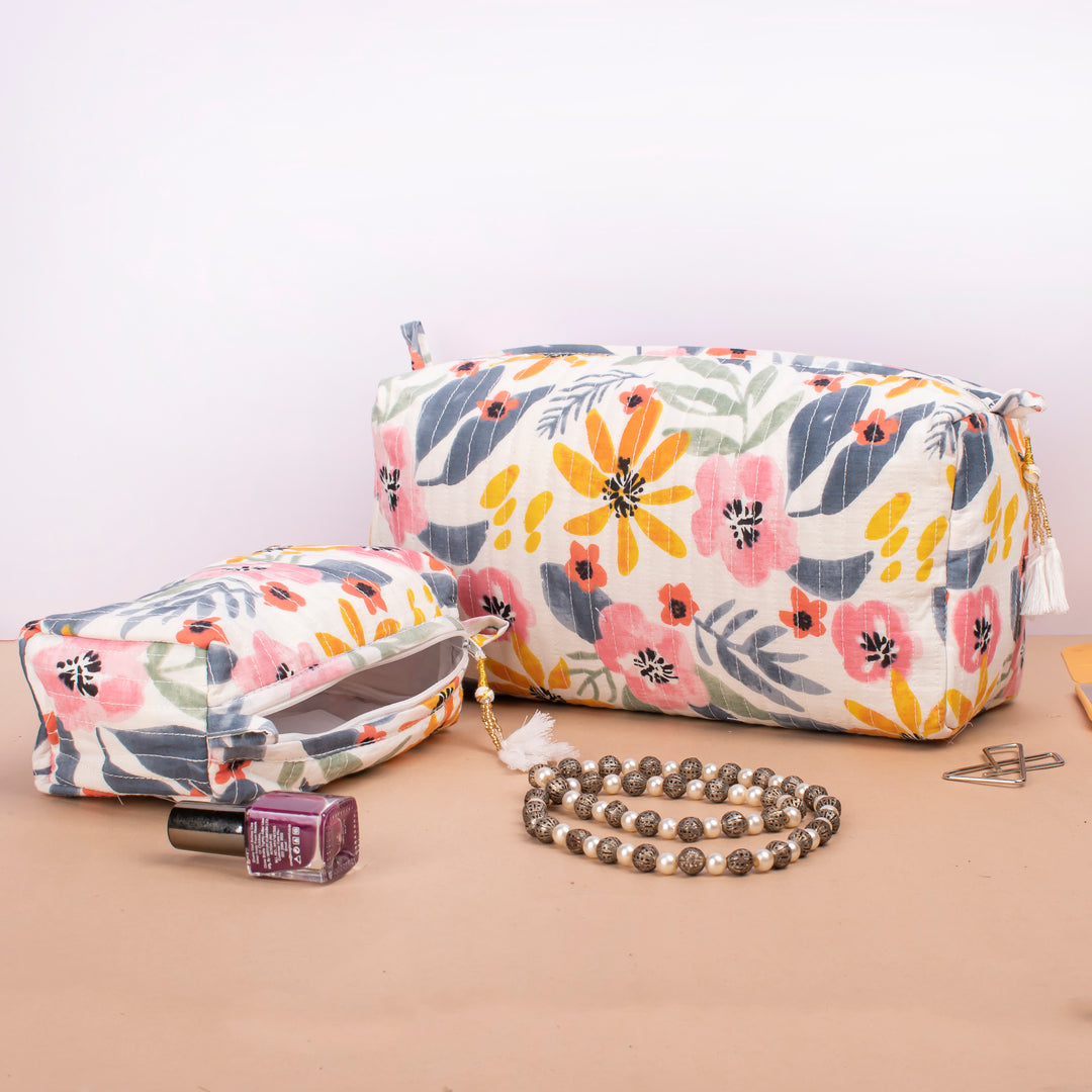 Set of 3 – Quilted Makeup Bag | Cotton Cosmetic Pouch &amp; Organizer