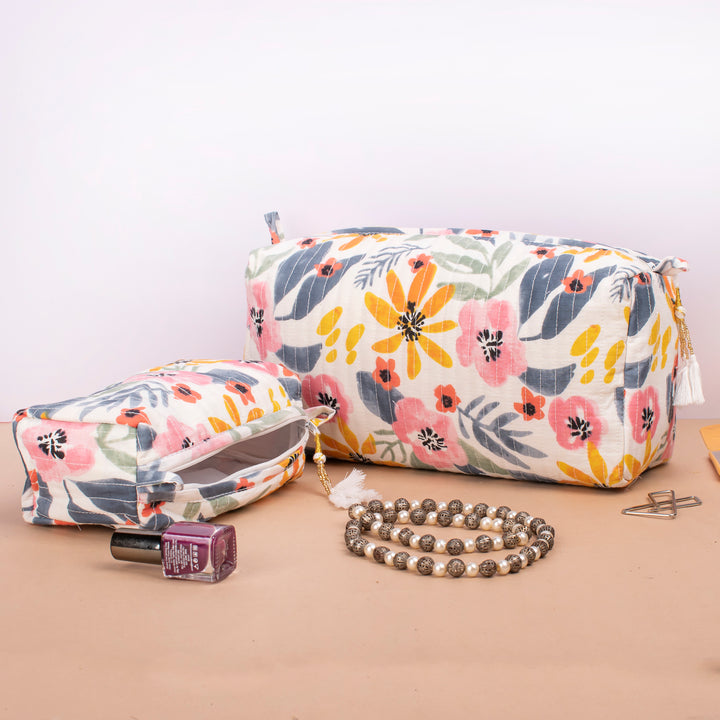 Set of 3 – Quilted Makeup Bag | Cotton Cosmetic Pouch &amp; Organizer