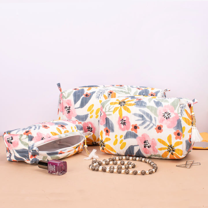 Set of 3 – Quilted Makeup Bag | Cotton Cosmetic Pouch &amp; Organizer