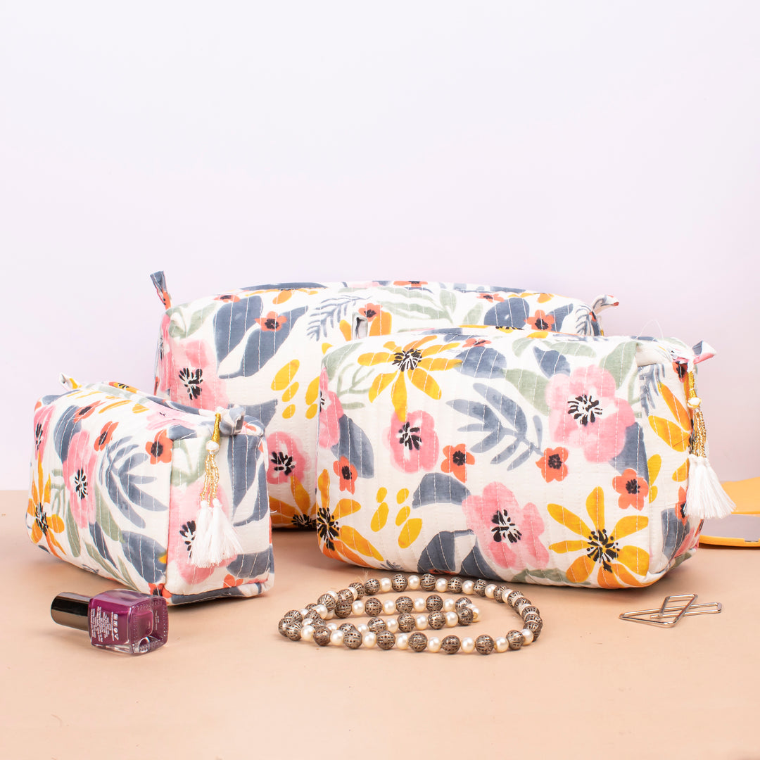 Set of 3 – Quilted Makeup Bag | Cotton Cosmetic Pouch &amp; Organizer