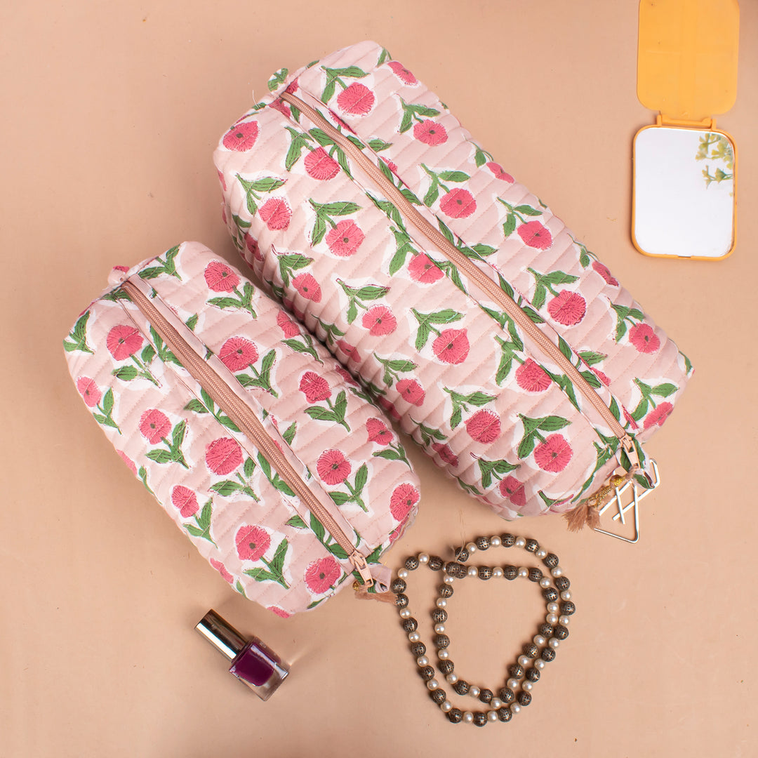 Set of 3 – Hand Block Makeup Bag | Cotton Cosmetic Pouch &amp; Organizer