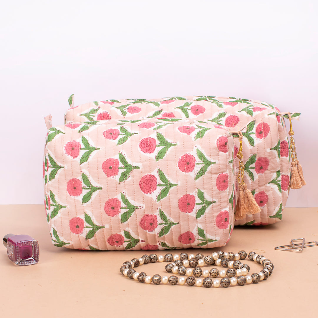 Set of 3 – Hand Block Makeup Bag | Cotton Cosmetic Pouch &amp; Organizer