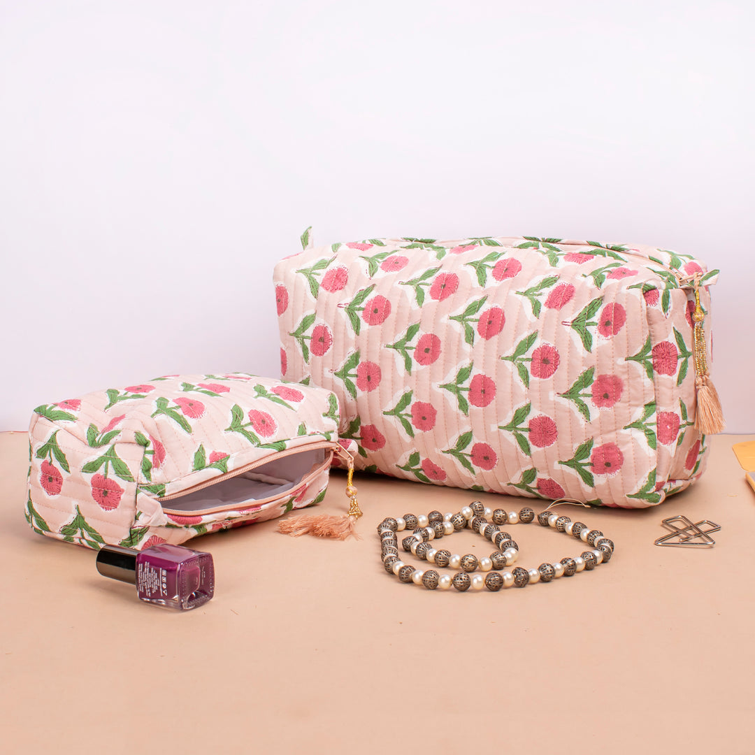 Set of 3 – Hand Block Makeup Bag | Cotton Cosmetic Pouch &amp; Organizer