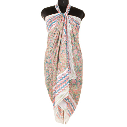 Cotton Block Print Pareo Scarf For Women, Lightweight Indian Sarong Wrap, Summer Boho Cover Up For Poolside And Beachwear