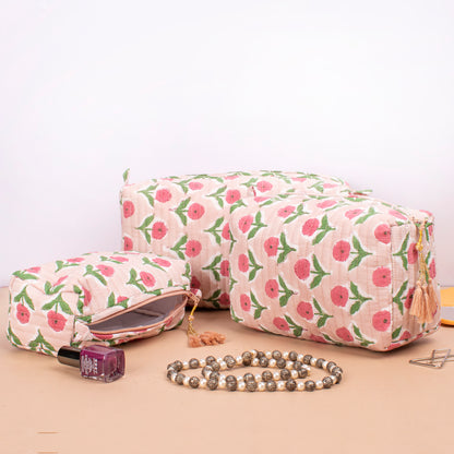 Block Printed Toiletry Bags, Toiletry Makeup Bags, Makeup Bag With Compartments, Travel Makeup Pouch - Set of 3