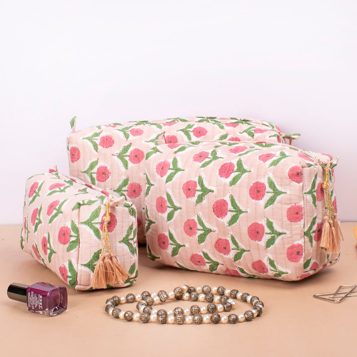 Set of 3 – Hand Block Makeup Bag | Cotton Cosmetic Pouch &amp; Organizer