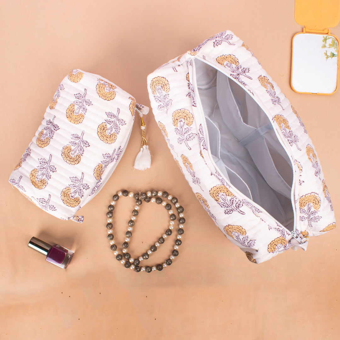 Set of 3 – Quilted Makeup Bag | Cotton Cosmetic Pouch &amp; Organizer