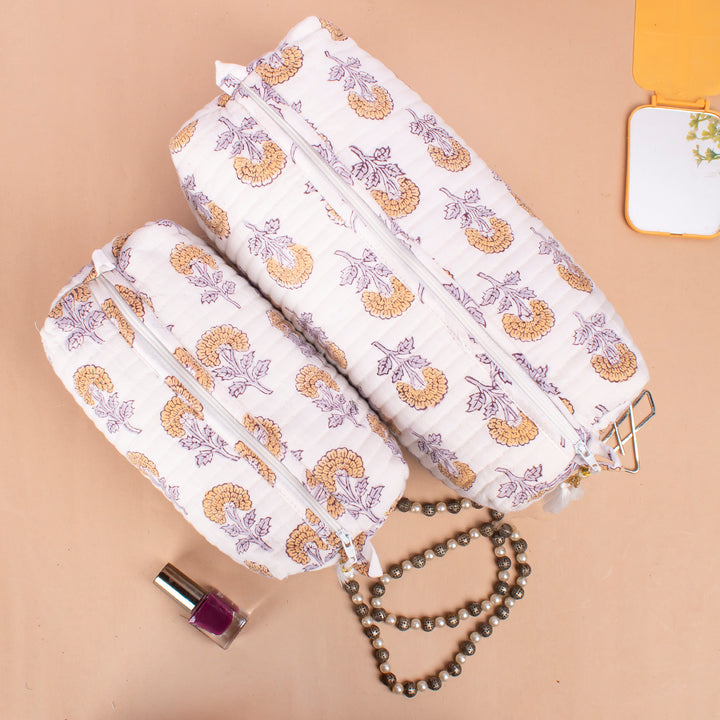 Set of 3 – Quilted Makeup Bag | Cotton Cosmetic Pouch &amp; Organizer