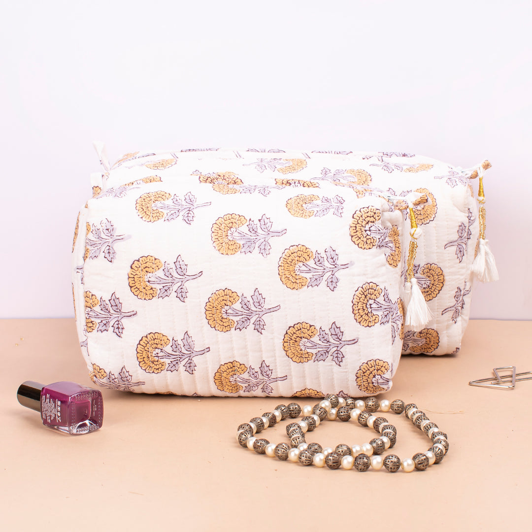 Set of 3 – Quilted Makeup Bag | Cotton Cosmetic Pouch &amp; Organizer
