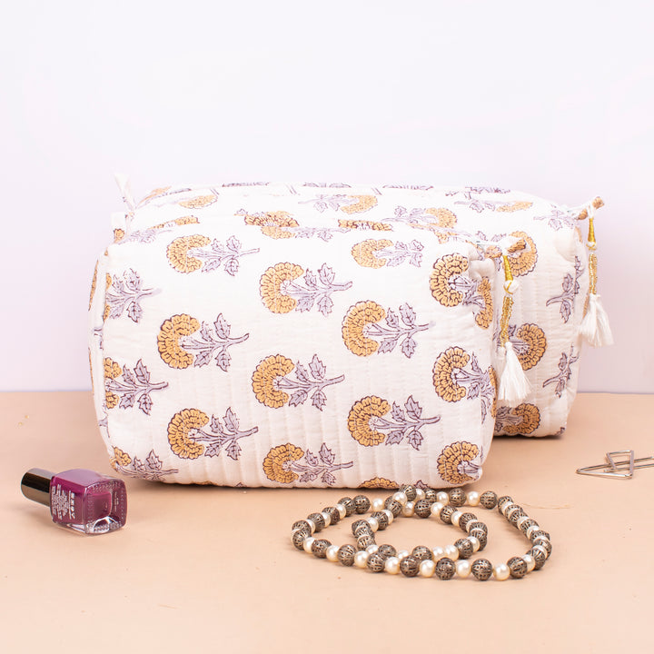 Set of 3 – Quilted Makeup Bag | Cotton Cosmetic Pouch &amp; Organizer