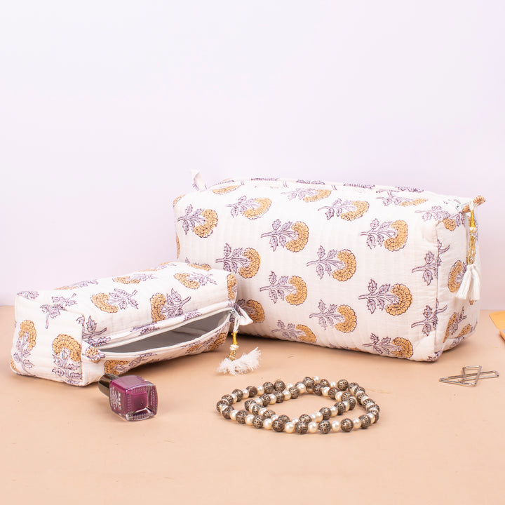 Set of 3 – Quilted Makeup Bag | Cotton Cosmetic Pouch &amp; Organizer